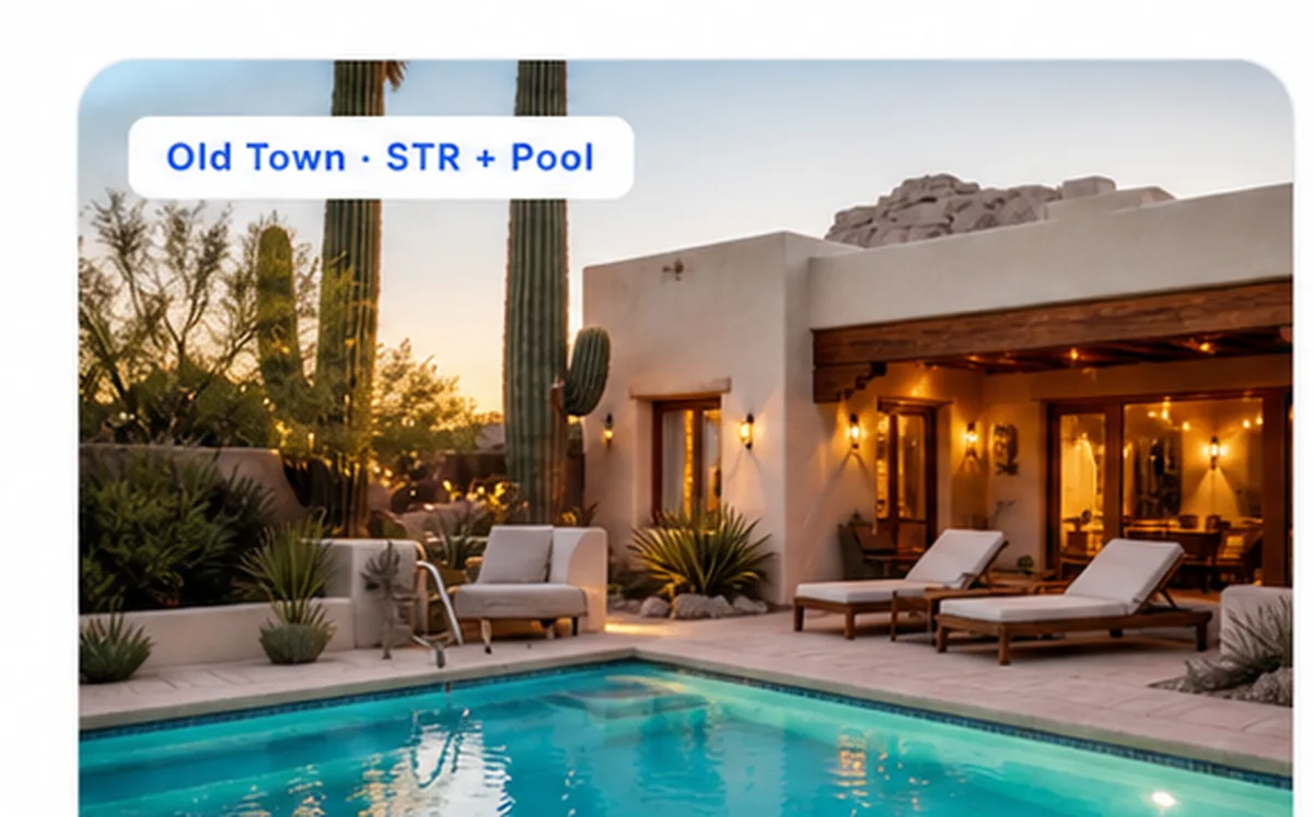 Old Town Scottsdale 3BR Airbnb with pool, saguaro cacti, golden-hour interior glow